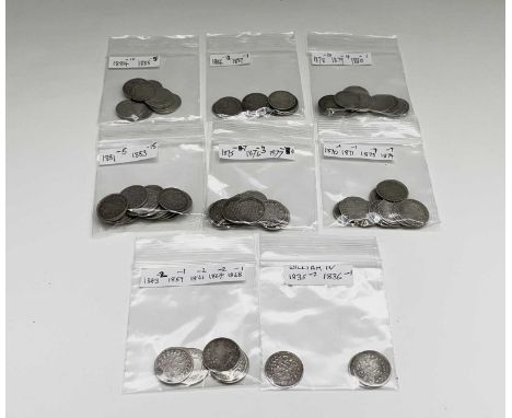 Great Britain Silver 3d - William IV to Queen Victoria Young Head (x 96) Comprising: 1835 (x2), 1836 (x1), 1843 (x2), 1859 (x