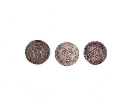 Silver Maundy Money King Charles II / James II 3d Maundy coins. Comprising: 1677 approx F: 1679 VF+; James II 1687 approx VF.