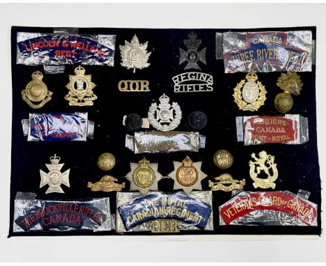 Canadian Infantry. A display card containing cap badges, shoulder titles and buttons. Noted: Lincoln &amp; Welland Regt, Regi
