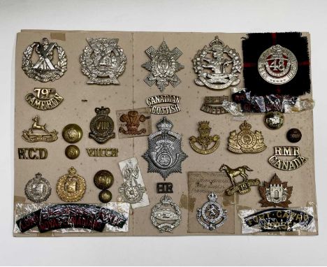 Canadian Scottish and Armoured Cavalry. A display card containing cap badges, shoulder titles and buttons. Noted: Cameron Hig
