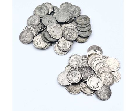 Great Britain Silver 1/- coins (x86) Lot comprises 29 pre 1920 1/- coins - Face value £1.45 PLUS 57 pre 1947 1/- coins - Face