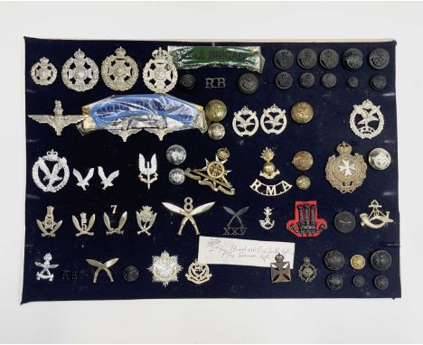 Parachute / Gurkha / Maltese Artillery / Glider / Rifle Brigade Regiments. A display card containing cap badges, collar dogs,