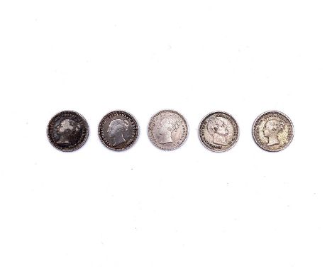 1 1/2 d Silver Coins 1835-1862 (x5) Comprising William IV: 1835, Queen Victoria: 1839, 1843 (x2), 1862. Conditions range F-VF
