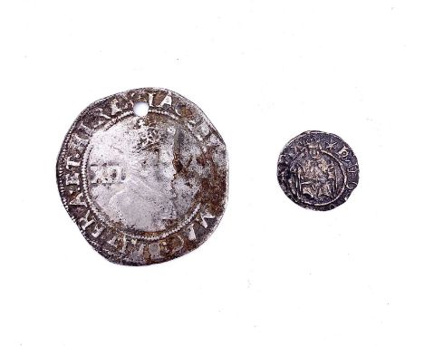 G.B. Hammered Coins x 2. Henry VIII Penny, Durham, TD beside shield MM Star, plus James I Shilling, holed.

Condition: please