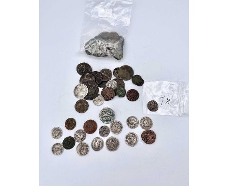 Roman and other early coins plus metal detector finds. A bag containing 17 probably facsimile silver colour Roman coins mostl