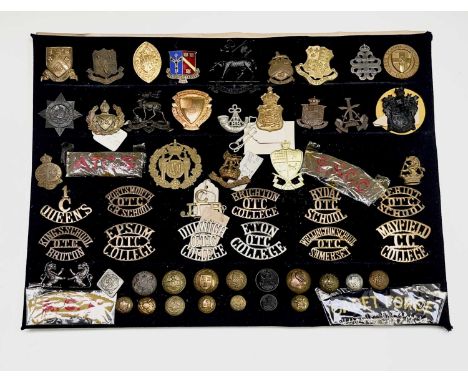 Officer Training and Cadet Corps. A display card containing cap badges, collar dogs, shoulder titles and buttons. Noted: Eton