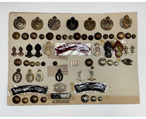 Royal Engineers / Royal Signals. A display card containing cap badges, collar dogs, shoulder titles and buttons. Noted: All p