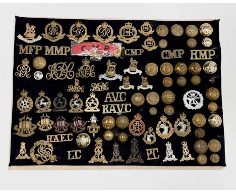 Corps - 2 &amp; Royal Military Police. A display card containing cap badges, collar dogs, shoulder titles and buttons. Noted: