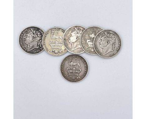 Great Britain 1/- George IV 1823-1827 (x6) Comprising: 1821 (only 574,200 minted), 1823 (only 693,000 minted), 1824, 1825 3rd
