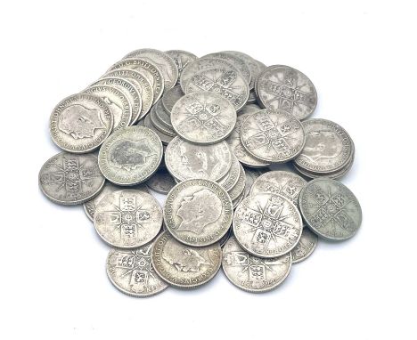 Great Britain King George V 2/- 1920-1926 period (pre 1947 silver) (x54) A selection from this period. Mainly lower grade but