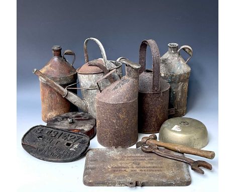 Railwayana. A collection of railway metalware including brass lidded GWR oilcan, a large brass signal box bell, four water an