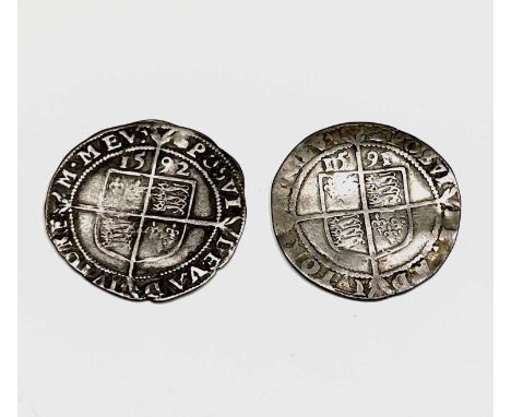 Elizabeth I, Sixpences x 2. 1591 F, slight creasing; 1592 F.

Condition: please request a condition report if you require add