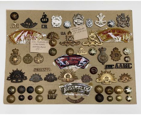 Australian Regiments. A display card containing cap badges, collar dogs, shoulder titles and buttons. Noted: Prince of Wales 