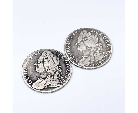 George II Shillings x 2. 1745 Roses F, 1745 Plain, Lima, F.

Condition: please request a condition report if you require addi