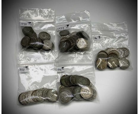 Great Britain Silver 3d King George VI Sheild pattern (x 206). Comprising: 1937 (x59), 1938 (x43), 1939 (x19), 1940 (x50), 19