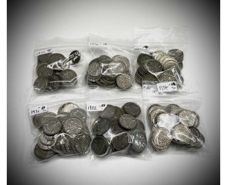 Great Britain Silver 3d King George V Acorn pattern (x 388). Comprising: 1931 (x70), 1932 (x73), 1933 (x42), 1934 (x70), 1935