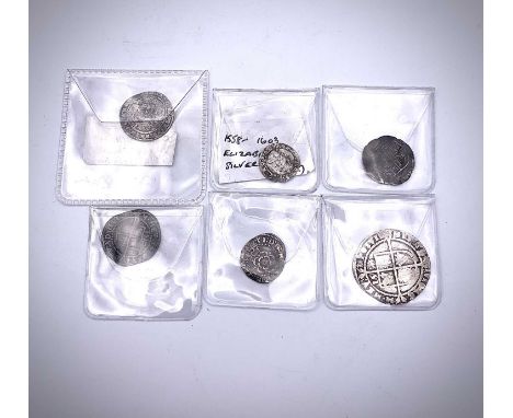 Elizabeth I and James I hammered coins Mixed lot consisting of Elizabeth I groat, sixpence, three pence x 2 and penny. Plus J