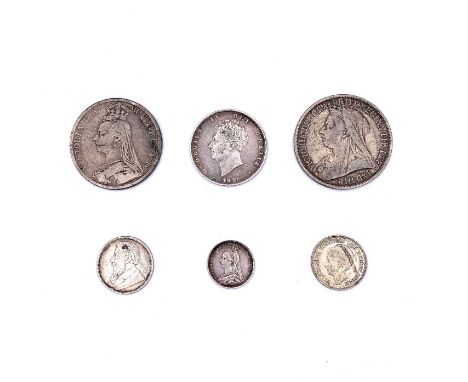 Great Britain etc, silver coins Lot comprises Queen Victoria Crown x 2 (1889, 1893), a Halfcrown (1826), an 1887 6d plus a Bo