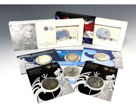 Great Britain SIlver Britannia £2 coins (x7) All on card or in boxes of issue - 2003, 2004, 2006, 2007, 2008 (x2), 2009 and 2