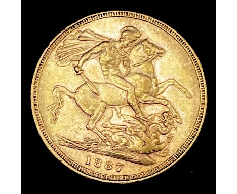 Great Britain Gold Sovereign 1887 Melbourne mint mark apparent. Young head. George &amp; Dragon Note: Melbourne mint mark app
