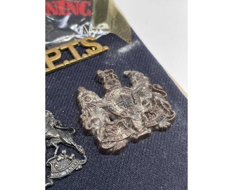 Corps - 1 &amp; WRAC. A display card containing cap badges, collar dogs, shoulder titles and buttons. Noted: Army Physical Tr