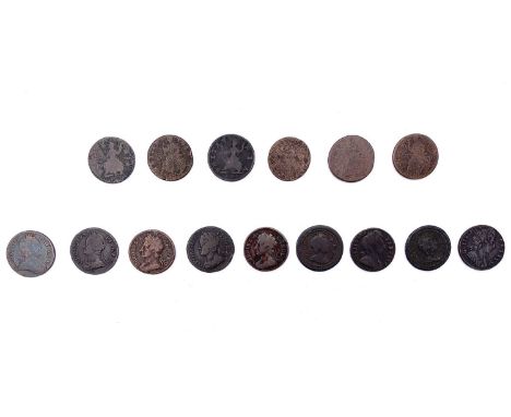 Great Britain - Farthings 1/4d Copper Coinage Charles II to George III. Comprising: 1675 (x2), 1696, 1700, 1719, 1723, 1746, 