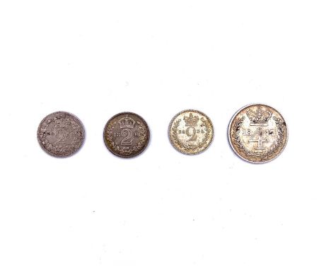 Silver Maundy Money Queen Victoria 2d: 1838 (x2), 1896; 4d: 1847. (Total 4 coins).

Condition: please request a condition rep