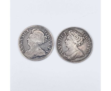 Queen Anne Shillings x 2. 1709 Plain F, 1713 Rose &amp; Plumes F-VF.

Condition: please request a condition report if you req