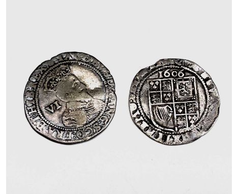 James I, Sixpences x 2. 1603 F, slight crease, m.m Thistle; 1606 F, m.m Rose, slightly trimmed.

Condition: please request a 