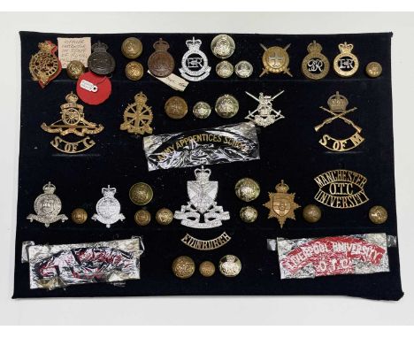 Army School Regiments and University Units. A display card containing cap badges, shoulder titles and buttons. Noted: Manches