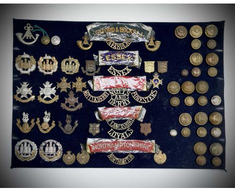 43rd - 48th Foot. A display card containing cap badges, collar dogs, shoulder titles and buttons. Noted: Essex Regt, Derbyshi