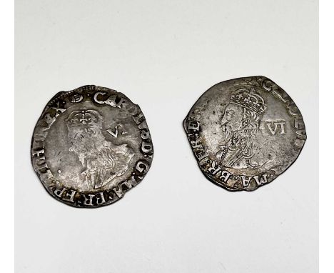 Charles I 6d (x2) 1634-5, mm Bell, F, clipped; 1636-8, mm Tun, F.

Condition: please request a condition report if you requir