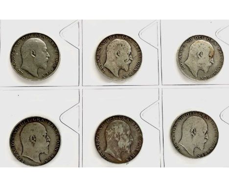 Great Britain King Edward VII Halfcrowns (x6) Comprising: 1902 (x3), 1906 (x1), 1909 (x1), 1910 (x1) all circa F or F+ grade.