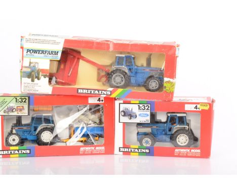 Britains 1:32 Scale Ford Tractors, three boxed examples, 9383 Power Farm model 8730 with grass mower, 5703 model 5610 with tr