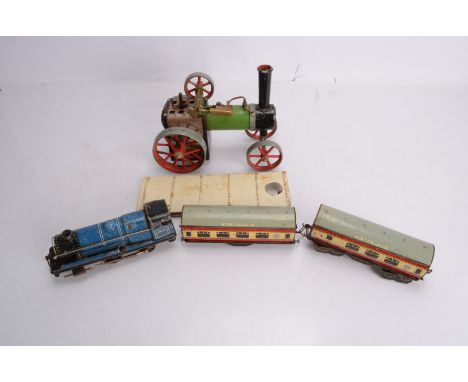 An incomplete Mamod TE1 Traction Engine and Chad Valley clockwork Train, an early TE1 with exhaust regulator, missing burner,