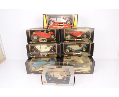 Burago 1:18 Scale and 1:24 Scale Prewar Cabriolet Cars,  a boxed group 1:18 scale, 3005 Bugatti Type 59 1934, 3006 Jaguar SS 