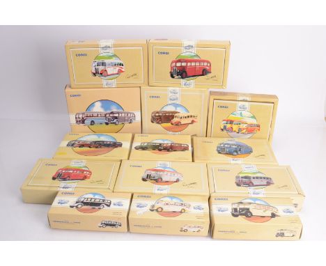Corgi Classics Vintage Single Deck Buses and Coaches, a boxed group comprises, 97078 Corkhills to Kasteel, 97069 Whittles, 97