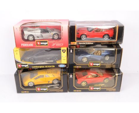 1:18 Scale Diecast Ferrari and Lamborghini,  six boxed examples, Lamborghini, Burago, 11029 Reventon, 3041 Diablo 1990 and Fe