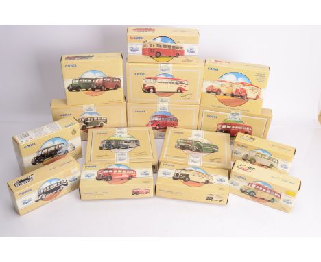 Corgi Classics Vintage Single Deck Buses and Coaches, a boxed group comprises, 97079 Premier Bus, 97078 Corkhills to Kasteel,
