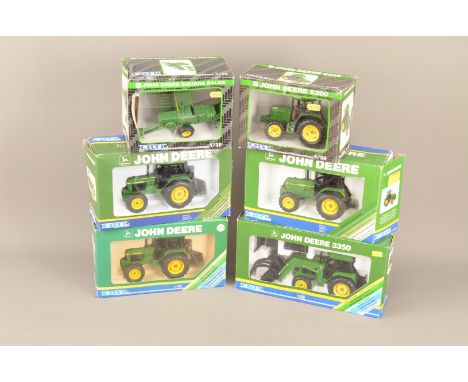 ERTL Diecast  1:32 Scale John Deere Tractors and Farm Machinery, a boxed group, tractors 5668 model 6200, 5580EI model 3140, 