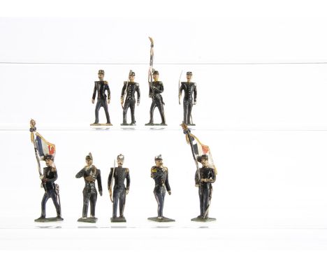 Mignot Gerbeau period circa 1905-1910,  various French Infantry marching figures, green and one brown bases - flagbearers (3)
