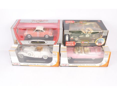 1:18 Scale Diecast Pre and Postwar Cars, four boxed examples, Road Signature 92198 1966 VW Karmann Ghia, Maisto Premier Editi