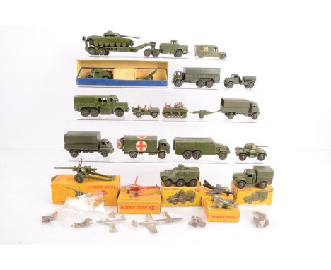 Postwar Playworn/Repainted or Retouched Dinky Military Vehicles, six boxed models, 692 Medium Gun, 734 Supermarine Swift Figh