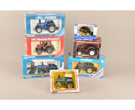 ERTL Diecast 1:32 Scale Tractors and Skid Steer Loader, a boxed group, Ford examples, 882 TW-5, 1643 TW-15, 304 8630, 881 TW-