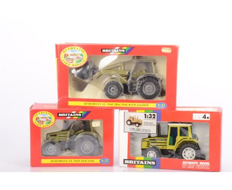 Britains 1:32 Scale Hurlimann Tractors, three boxed examples, 5855 H 468 Prestige, 00038 SX 1500 and 00039 SX 1500 with loade