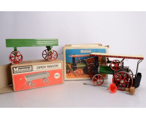 A boxed Mamod Live Steam TE1a Traction Engine and OW1 trailer, a spirit-fired example with water-level plug, complete with sp