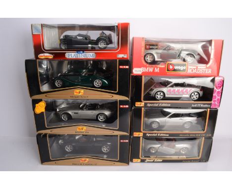 1:18 Scale Diecast German and British Modern Cars, a boxed group, Majorette 4451 Caterham Lotus Super Seven, Maisto 36637 Mor