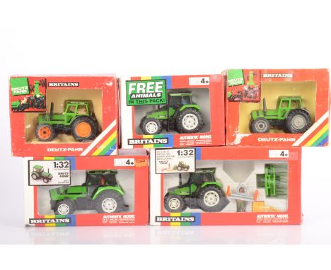 Britains 1:32 Scale Duetz Fahr Tractors, a boxed group, 9654 DX 4.57 with yard scraper, buck rake and accessories, 9496 DX 4.