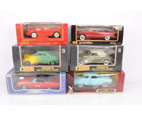 1:18 Scale Diecast 1940s/60s American Cars, a boxed group, Mira 9182 Chevrolet Corvette, Anson 303441963 Ford Thunderbird, Ro