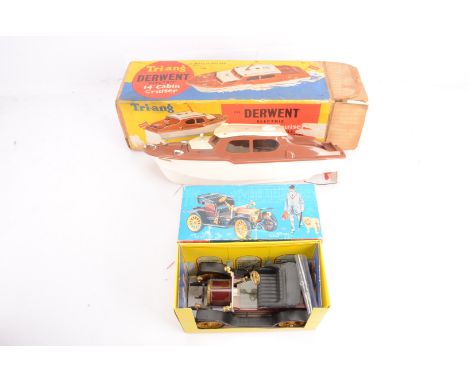 Triang Derwent Cabin Cruiser and Schuco Old Timer, both boxed Triang plastic 14" Cabin Cruiser, motor detached, minus key and